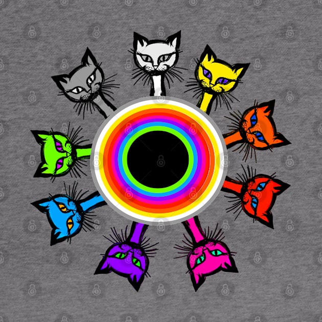 Multicolor cats sitting around a rainbow table by iskybibblle